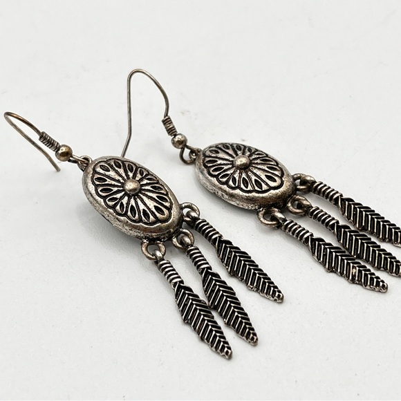 South American Navajo Style Concho Feather Dangle Earrings - Picture 3 of 6